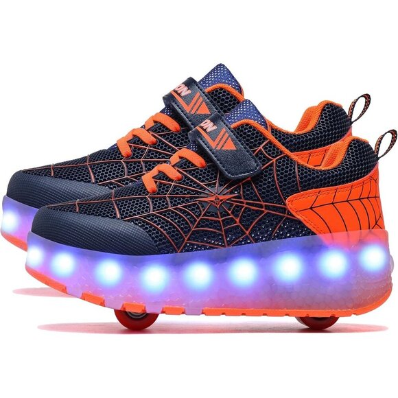 Kids Black/orange Usb Chargeable Led Light Up Wheeled Skate Sneaker Shoes